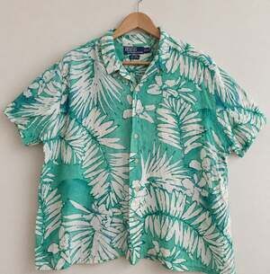 Polo Ralph Lauren Hawaiian Shirt XXL Linen Cotton Tropical Floral Green